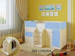 Кровать-чердак Малыш-4 Дуб молочный/Голубой в Ленске - lensk.mebel54.com | фото