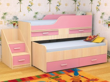 Кровать детская Лесики двухместная 1.8  Дуб молочный/Розовый в Ленске - lensk.mebel54.com | фото