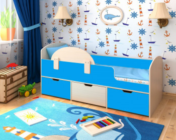 Кровать Малыш-мини с бортиком Дуб молочный/Голубой в Ленске - lensk.mebel54.com | фото