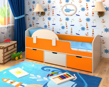 Кровать Малыш-мини с бортиком Дуб молочный/Оранжевый в Ленске - lensk.mebel54.com | фото