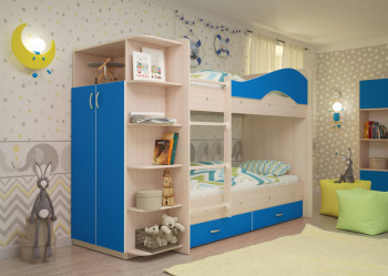 Кровать Мая двухъярусная с ящиками и шкафом Млечный дуб/Голубой в Ленске - lensk.mebel54.com | фото