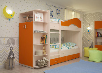 Кровать Мая двухъярусная с ящиками и шкафом Млечный дуб/Оранжевый в Ленске - lensk.mebel54.com | фото