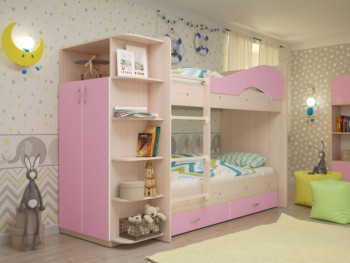 Кровать Мая двухъярусная с ящиками и шкафом Млечный дуб/Розовый в Ленске - lensk.mebel54.com | фото