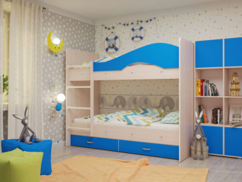Кровать Мая двухъярусная с ящикамиМлечный дуб/Голубой в Ленске - lensk.mebel54.com | фото