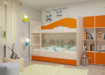 Кровать Мая двухъярусная с ящикамиМлечный дуб/Оранжевый в Ленске - lensk.mebel54.com | фото