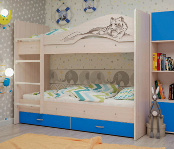 Кровать Мая-Сафари двухъярусная с ящикамиМлечный дуб/Голубой в Ленске - lensk.mebel54.com | фото
