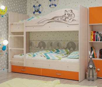 Кровать Мая-Сафари двухъярусная с ящикамиМлечный дуб/Оранжевый в Ленске - lensk.mebel54.com | фото
