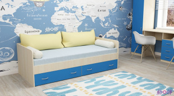 Кровать с выкатными ящиками Дуб молочный/Голубой в Ленске - lensk.mebel54.com | фото
