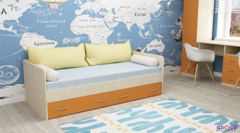 Кровать с выкатными ящиками Дуб Молочный/Оранжевый в Ленске - lensk.mebel54.com | фото