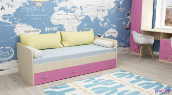 Кровать с выкатными ящиками Дуб Молочный/Розовый в Ленске - lensk.mebel54.com | фото
