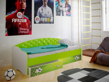 Кровать Софа-8 с мягкой спинкой фотопечать Футбол (900х1900) Белый/Лайм в Ленске - lensk.mebel54.com | фото