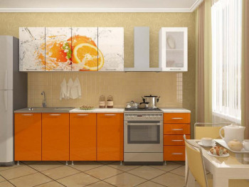 Кухонный гарнитур 1,6м Апельсин (Белый/Оранжевый металлик/Фотопечать апельсин) в Ленске - lensk.mebel54.com | фото