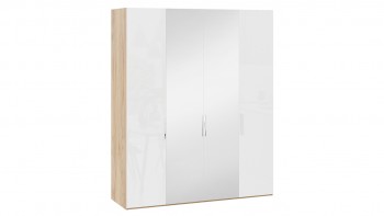 Шкаф комбинированный с 2 глухими и 2 зеркальными дверями «Эмбер» Яблоня Беллуно/Белый глянец в Ленске - lensk.mebel54.com | фото